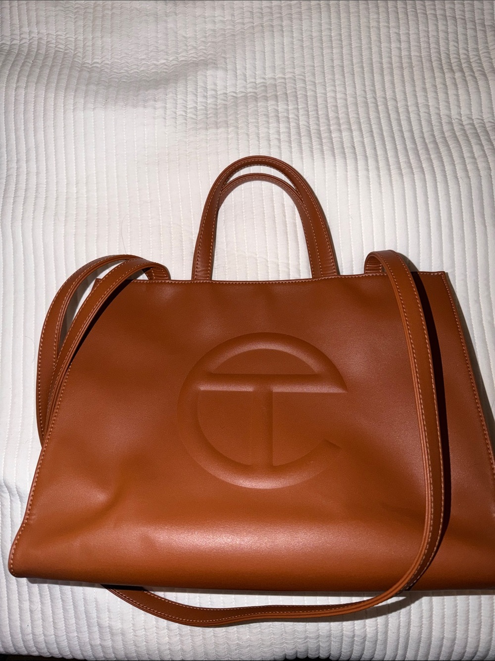 Telfar Brown Leather Tote Handbag with Embossed Logo